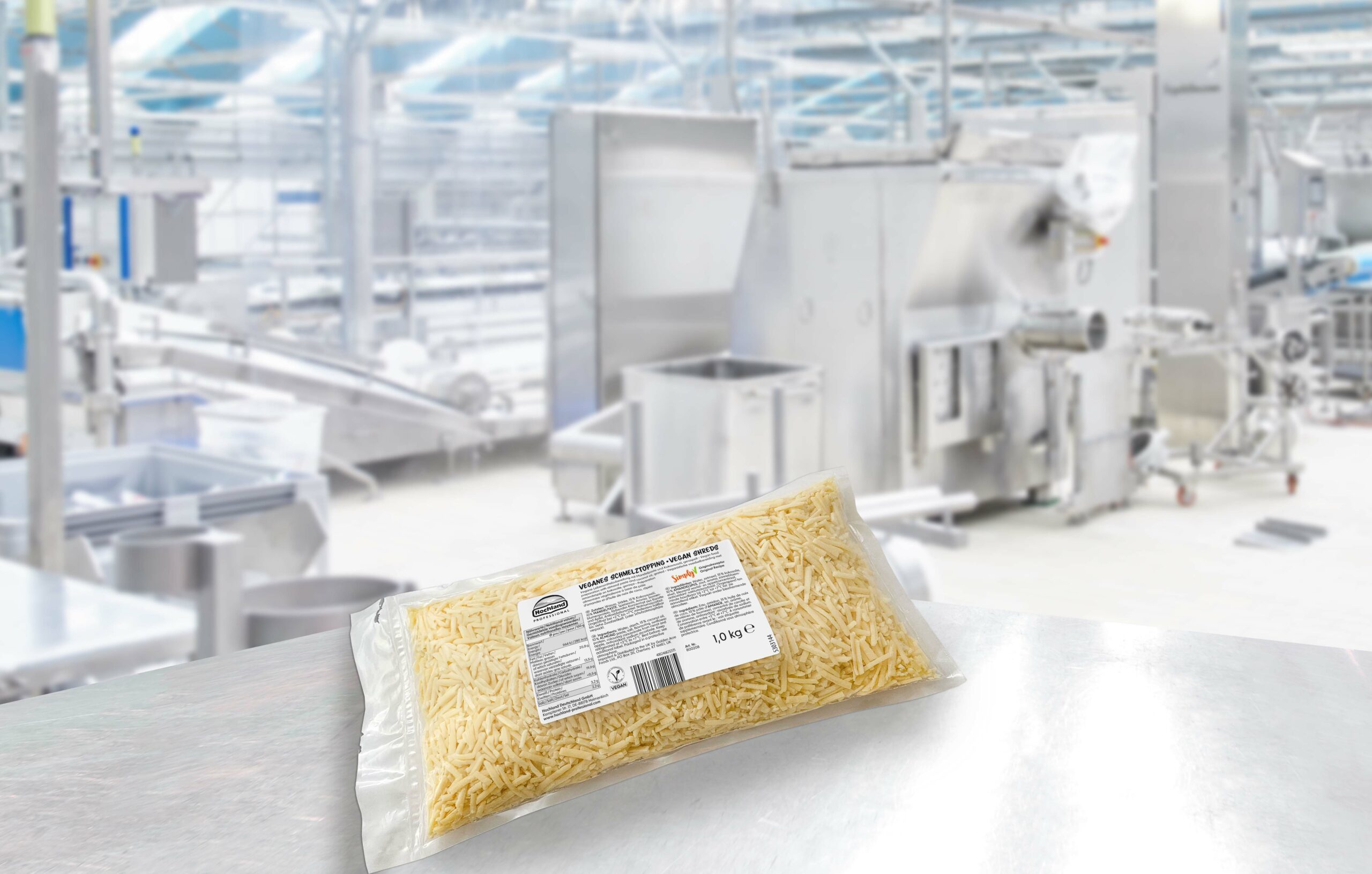 Vegan shreds in an industrial environment, for food processors